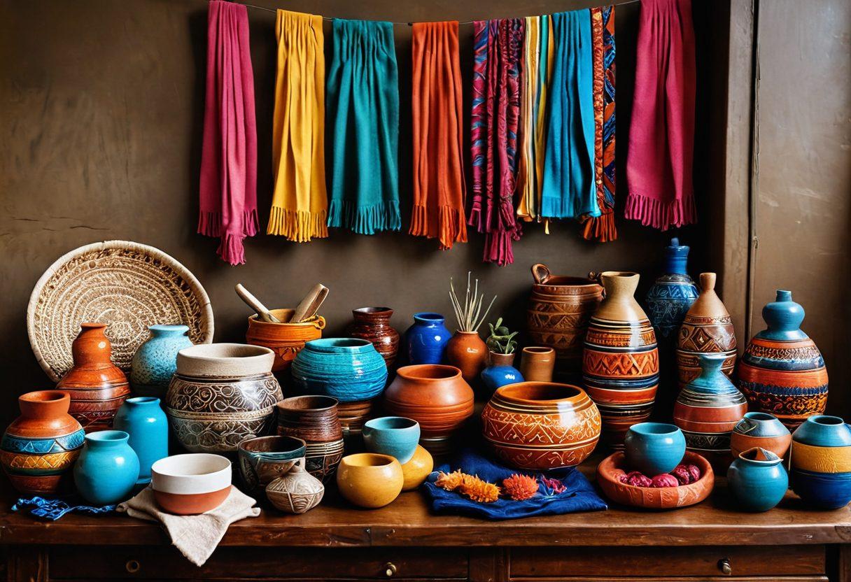 A beautifully curated display of various vacation gifts, showcasing hand-crafted artisan keepsakes, vibrant trinkets, and unique souvenirs from around the world. Include elements like woven textiles, intricate pottery, and colorful local crafts, arranged on a rustic wooden table. The background should feature a soft, idyllic travel scene implying adventure and creativity. Emphasize warmth and nostalgia in the composition. super-realistic. vibrant colors. soft focus.