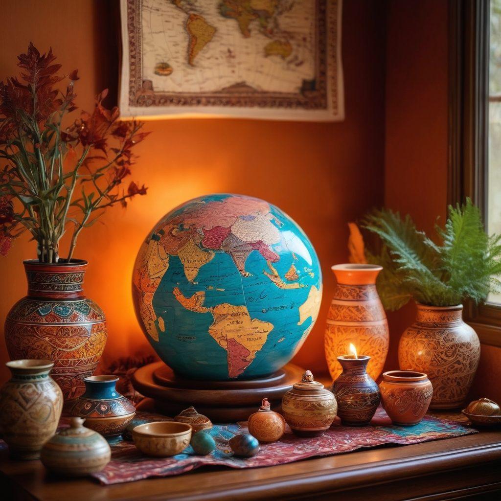 An enchanting display of beautifully handcrafted gifts from various cultures, featuring intricately designed pottery, vibrant textiles, and delicate jewelry. Include a world map in the background, subtly highlighting the countries of origin with soft glowing connections. The scene brims with warm, inviting light to evoke a sense of wanderlust and discovery. super-realistic. vibrant colors. soft lighting.