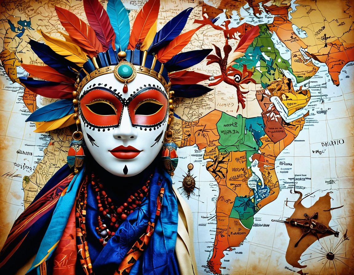 A vibrant collage of unique travel souvenirs from around the world, featuring handcrafted tribal masks, colorful ceramic pottery, delicate silk scarves, and ornate jewelry, all arranged on a textured world map background. The items should reflect various cultures and destinations. The scene should evoke a sense of adventure and nostalgia, tempting viewers to explore these treasures. super-realistic. vibrant colors. textured background.
